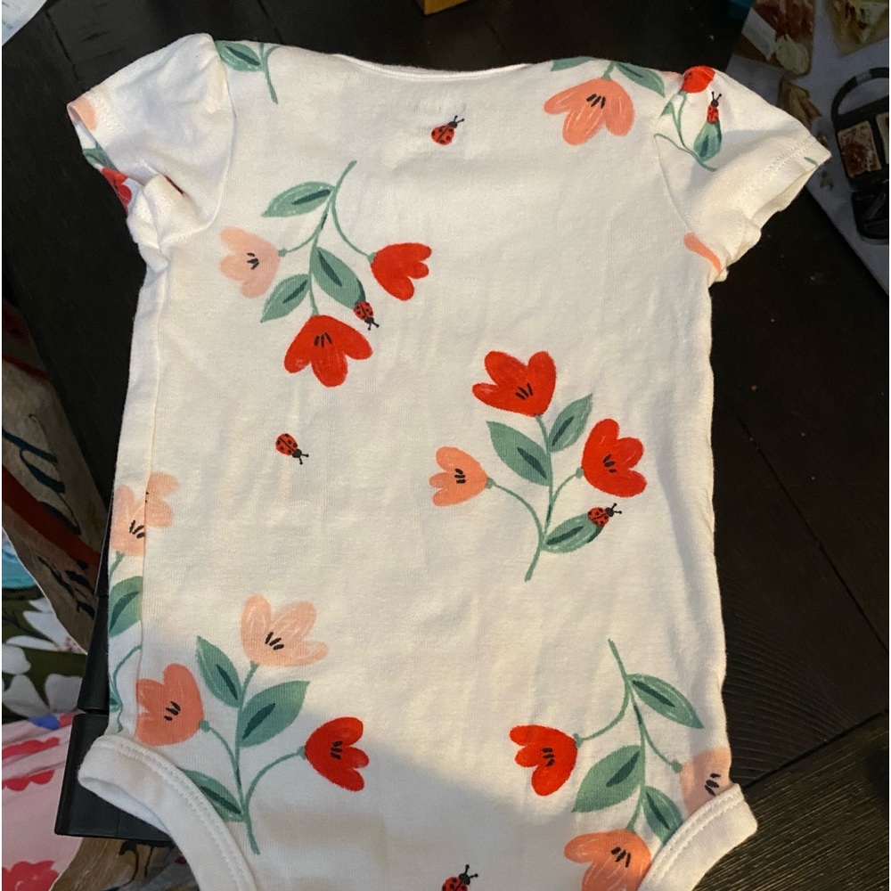 Carter’s Infant Girls Pink and Red Flowers Bodysuit, size 6 months.